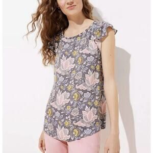 LOFT Gray Floral Sleeveless Ruffle Top Size XS